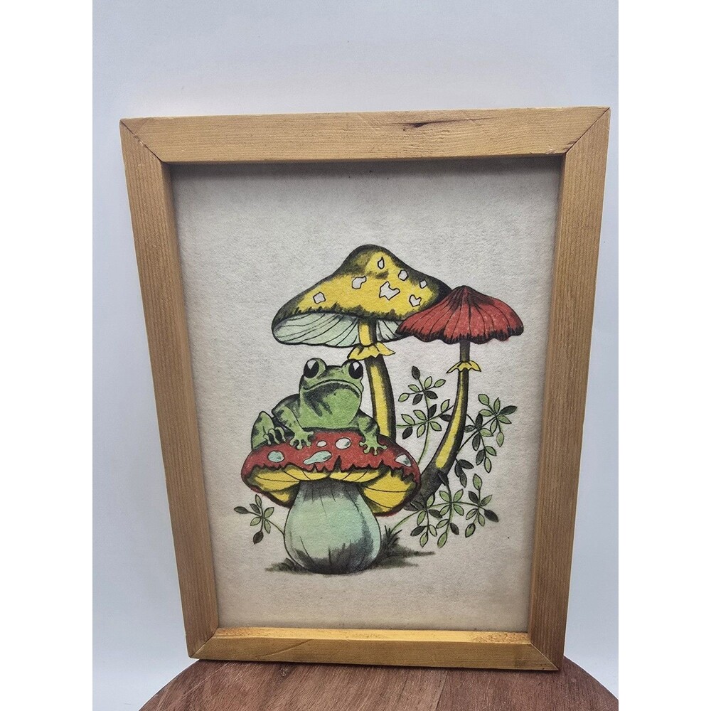Vintage Frog And Mushroom Art 70s Glass / Framed Boho